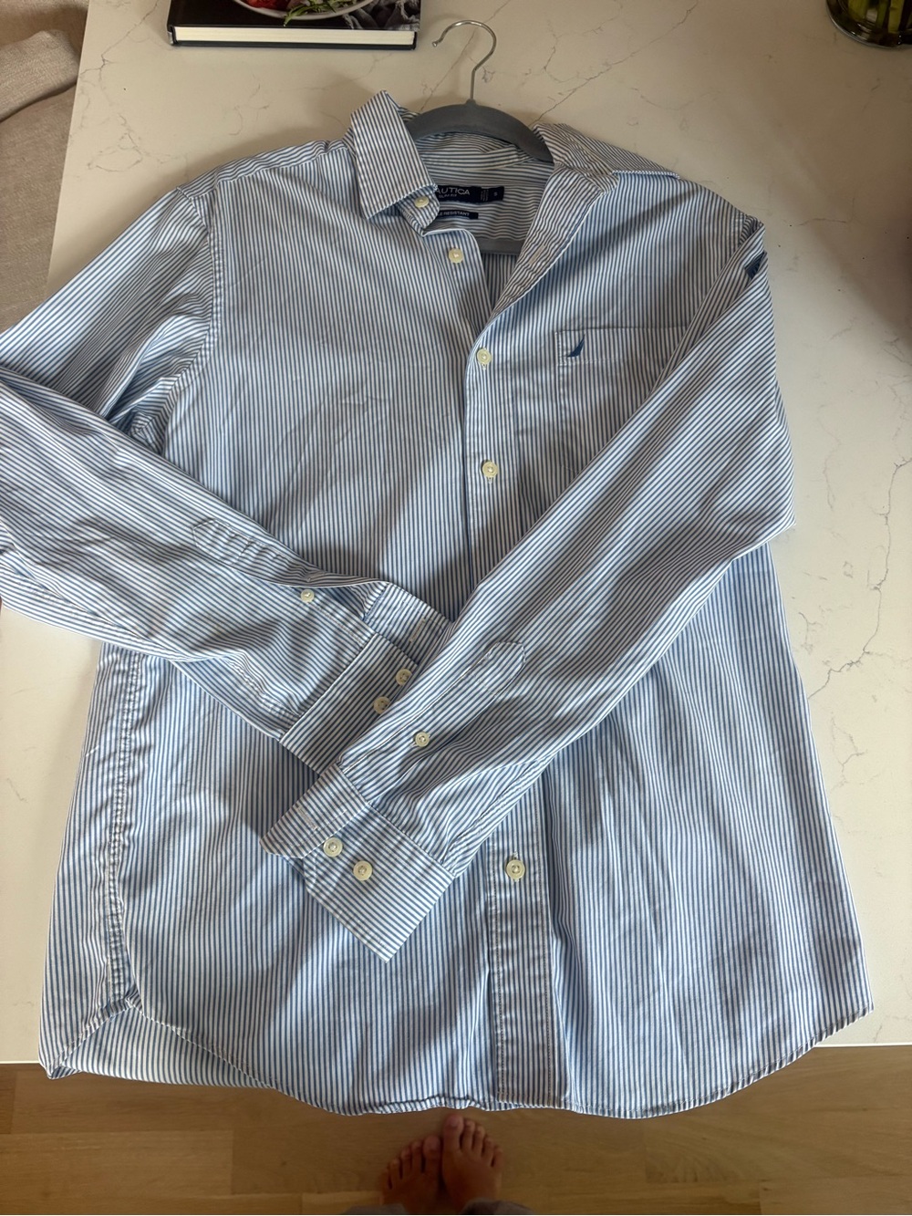 Nautica Men’s Light Blue & White Pinstripe Dress Shirt